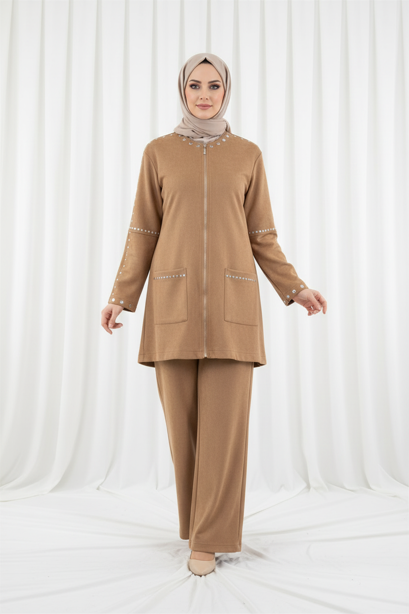 kadın süet taşlı takım tarçın kadın süet taşlı takım tarçın