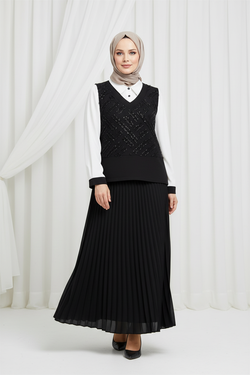 siyah süveter plise etekli takım