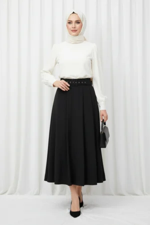 Yozgat Butik Kadın Giyim | Şık Abiye, Takım ve Günlük Kombinler siyah kemer detaylı pileli etek